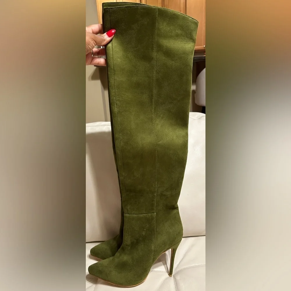Green Suede Over-the-Knee Stiletto Boots – Size 9.5